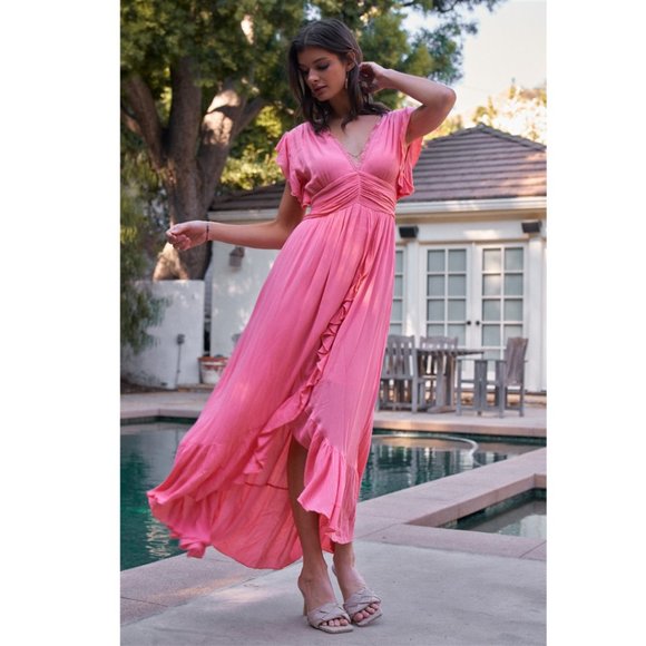 🥳HPCoral V-Neck Crochet Trim Gathered Waist Maxi - Picture 3 of 3